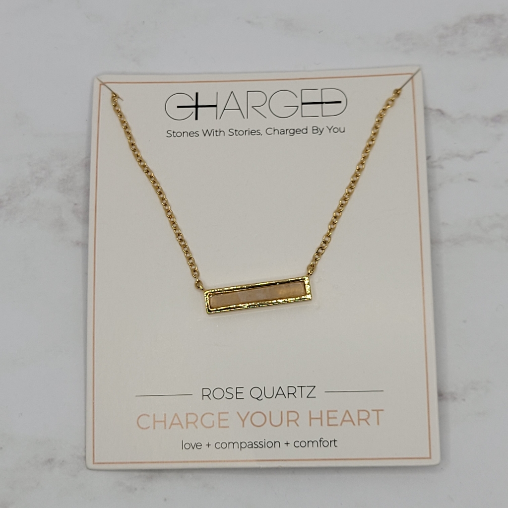 Charged Jewelry Rose Quartz Bar Necklace